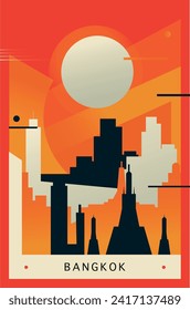 Afiche de brutalismo de la ciudad de Bangkok con perfil abstracto, ilustración de vector retro del paisaje urbano. Portada de viajes de capital de Tailandia, folleto, folleto, folleto, imagen de la plantilla de presentación de negocios