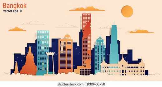 Bangkok city colorful paper cut style, vector stock illustration. Cityscape with all famous buildings. Skyline Bangkok city composition for design 