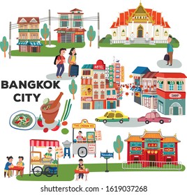 
Bangkok city elements concept with thai temple, old houses, local foods, and chinese temple, all in doodle style,  separated on white background, illustration , vector