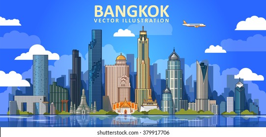 Bangkok city in flat line trendy style. All buildings separated and customizible. Vector illustration 