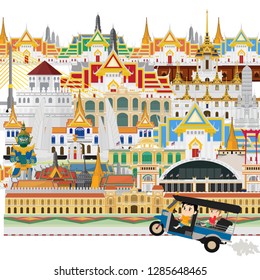 Bangkok city and landmarks palace, temple, port and train station. flat design