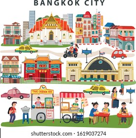 Bangkok city landmarks travel map  with thai temple, china town, train station, street food market, and old town, all on white background, doodle style, illustration , vector