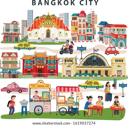 Bangkok city landmarks travel map  with thai temple, china town, train station, street food market, and old town, all on white background, doodle style, illustration , vector