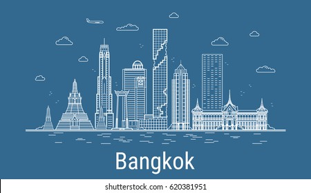 Bangkok city line art Vector illustration with all famous buildings. Cityscape.