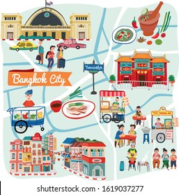 Bangkok city  map landmark concept in doodle style with local districts , foods, and culture , Thailand, vector. 