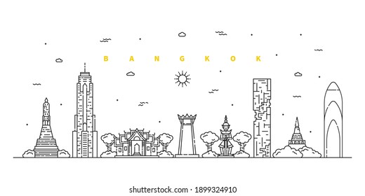 Bangkok city. Modern flat line landscape vector. Cityscape line art illustration with building, tower, skyscrapers, temple. Vector illustration.