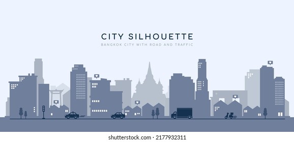 Bangkok City Silhouette. Flat City Landscape With Giant Swing, Road, Car, Truck, Motorcycle, Traffic, And Logistic.