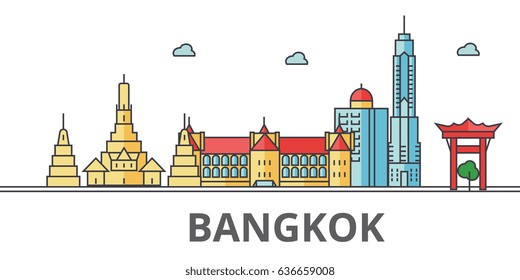 Bangkok city skyline. Buildings, streets, silhouette, architecture, landscape, panorama, landmarks. Editable strokes. Flat design line vector illustration concept. Isolated icons on white background