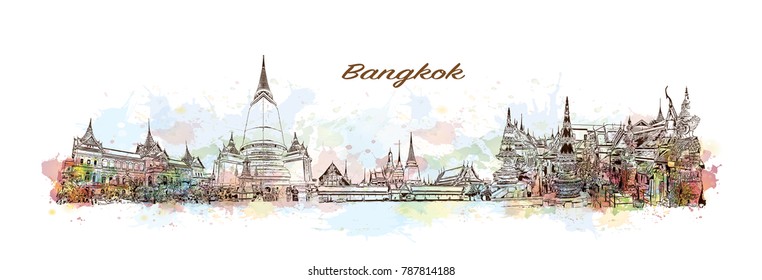 Bangkok City Skyline. Wasserfarbspritzer mit Skizze in Vektorgrafik.