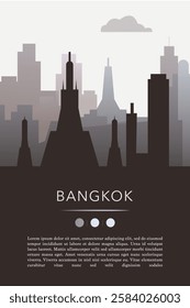 Bangkok city template for website, presentation, front page, invitation, publication sheet with skyline, landmarks. Vector Thailand image layout, simple and grayscale