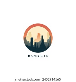 Paisaje urbano de Bangkok, insignia de Vector degradado, logotipo plano del horizonte, ícono. Idea redonda del emblema de la ciudad capital de Tailandia con Lugares famosos y siluetas de construcción. Gráfico aislado