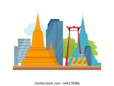 Bangkok detailed silhouette banner. Wat Arun and the Giant Swing, skyscraper buildings, stylish colorful landmarks. Buddha, Buddhism. Symbol of Thailand. Part of series of world travelling. Vector