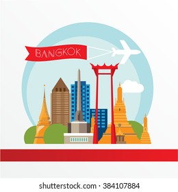 Bangkok detailed silhouette. Trendy vector illustration, flat style. Stylish colorful  landmarks. The concept for a web banner.  Wat Arun and the Giant Swing - The symbol of Bangkok Thailand.