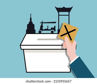 Bangkok governor election 2022 concept. There are Ballot paper for election vote with voting box and famous place in Bangkok.