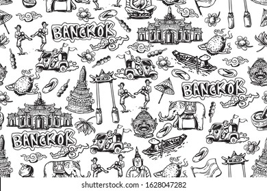 Bangkok icon and famous landmark with places and buildings set doodle 
line art black and white seamless and repeated pattern 