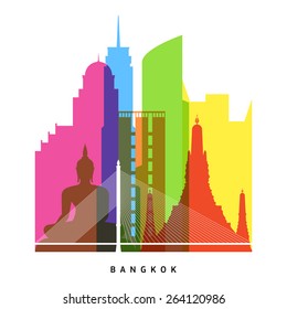 Bangkok landmarks bright collage with baiyoke tower, state tower, the met, centara grand at centralworld, rama viii bridge, wat arun and others vector illustration