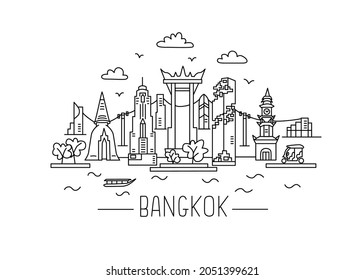 Bangkok lineart illustration. Bangkok line drawing. Modern style Bangkok city illustration. Hand sketched poster, banner, postcard, card template for travel company, T-shirt, shirt. Vector EPS 10