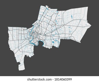 Bangkok map. Detailed map of Bangkok city administrative area. Cityscape panorama. Royalty free vector illustration. Linear outline map with highways, streets, rivers. Tourist decorative street map.