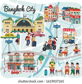 Bangkok map travel illustration, Bangkok city  landmark concept, in doodle style, Thailand, vector. 