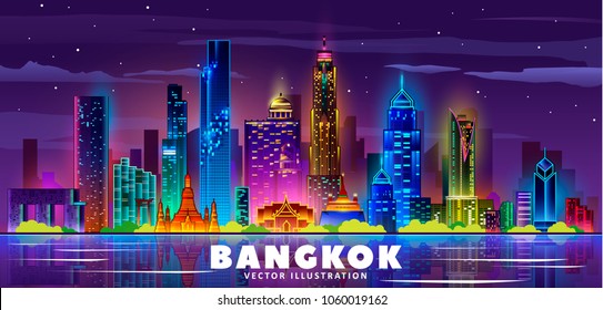 Bangkok night skyline (Thailand). Vector illustration. Business travel and tourism concept with modern buildings. Image for banner or web site.