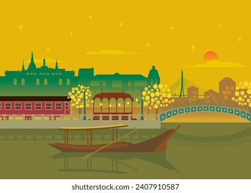 Bangkok Old Town and Vintage Pavilion, Boat, Train in Sunset Scenery