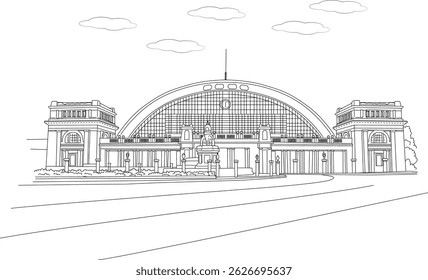Bangkok Railway Station Line Art Illustration, desenho de arte de linha simples da icônica Bangkok Railway Station, também conhecida como Hua Lamphong Station, um marco histórico do transporte em Bangkok,
