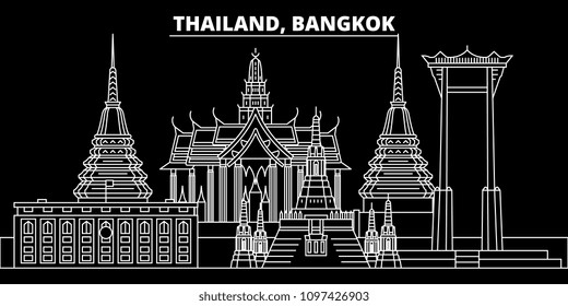 Bangkok silhouette skyline. Thailand - Bangkok vector city, thai linear architecture, buildings. Bangkok line travel illustration, landmarks. Thailand flat icon, thai outline design banner