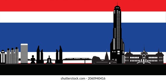 bangkok skyline with budha tower hotel metro and buildings with flag as background
