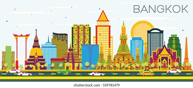 Bangkok Skyline with Color Landmarks and Blue Sky. Vector Illustration. Business Travel and Tourism Concept. Image for Presentation Banner Placard and Web Site.