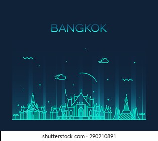 Bangkok skyline, detailed silhouette. Trendy vector illustration, linear style.