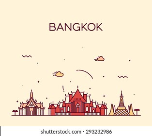 Bangkok skyline, detailed silhouette. Trendy vector illustration, linear style.