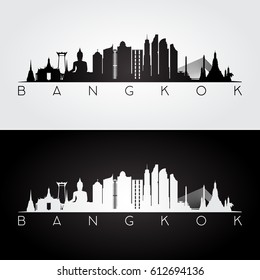 Skyline und Wahrzeichen von Bangkok, Silhouette, Schwarz-Weiß-Design, Vektorgrafik.