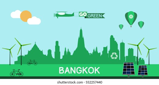 Bangkok Skyline Silhouette Flat Design Vector, Green City Concept