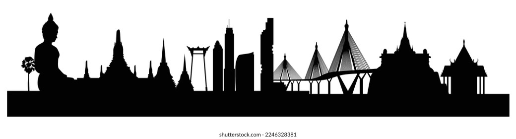 Skyline-Silhouette von Bangkok, Tempel, Buddha, Palast und Wolkenkratzer