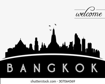 Bangkok skyline silhouette vector illustration, black and white design.