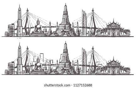 Bangkok skyline, Thailand, set of vintage vector illustration, hand drawn style