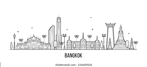 Bangkok skyline, Thailand. This illustration represents the city with its most notable buildings. Vector is fully editable, every object is holistic and movable