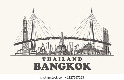 Bangkok skyline, Thailand vintage vector illustration, hand drawn temples of Bangkok city, on white background.