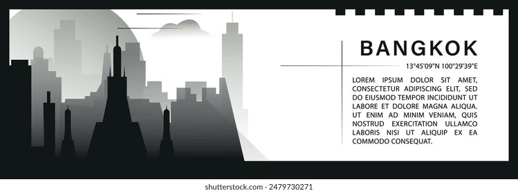 Anuncio de Vector del horizonte de Bangkok, silueta minimalista del paisaje urbano en blanco y negro. Gráfico Horizontal de la ciudad capital de Tailandia, infografía de viajes, diseño monocromo para el Sitio web