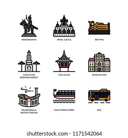 Bangkok symbols and landmarks icons