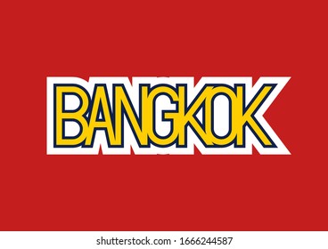 Bangkok text with yellow blue and white typography design elements on red background.