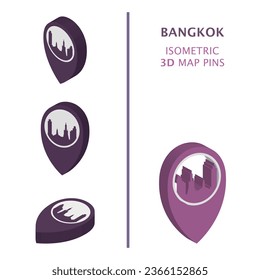 Bangkok Thailand 3D vector logo set. Isometric map pin, geolocation pointer, modern skyline icon, concept, isolated graphic