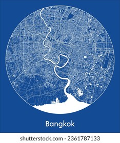 Bangkok Tailandia Asia City Map impresión azul Circular ilustración vectorial