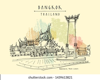 Bangkok, Tailandia, Asia. Giant Swing (Sao Ching Cha) y los hitos históricos de Wat Suthat. Dibujo de viaje. Postal turística artesanal dibujada a mano. Ilustración del vector