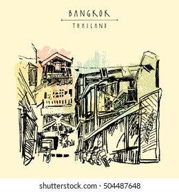 Bangkok, Thailand, Asia. Old laid back traditional houses in a poor neighborhood. Travel sketch. Artistic vintage hand drawn touristic postcard. Vector illustration