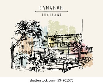 Bangkok, Thailand, Asia. Old laid back traditional houses and a boat in a poor neighborhood. Travel sketch. Artistic vintage hand drawn touristic postcard. Vector illustration