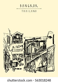 Bangkok, Thailand, Asia. Old laid back traditional houses in a poor neighborhood. Travel sketch. Artistic vintage hand drawn touristic postcard. Vector illustration