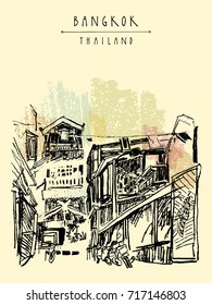 Bangkok, Thailand, Asia. Old laid back traditional houses in a poor neighborhood. Travel sketch. Artistic vintage hand drawn touristic postcard. Vector illustration