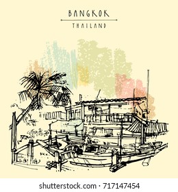 Bangkok, Thailand, Asia. Old laid back traditional houses and a boat in a poor neighborhood. Travel sketch. Artistic vintage hand drawn touristic postcard. Vector illustration