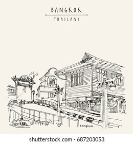 Bangkok, Thailand, Asia. Old printhouse house and a bridge over canal. Travel sketch. Artistic vintage hand drawn touristic postcard. Vector illustration